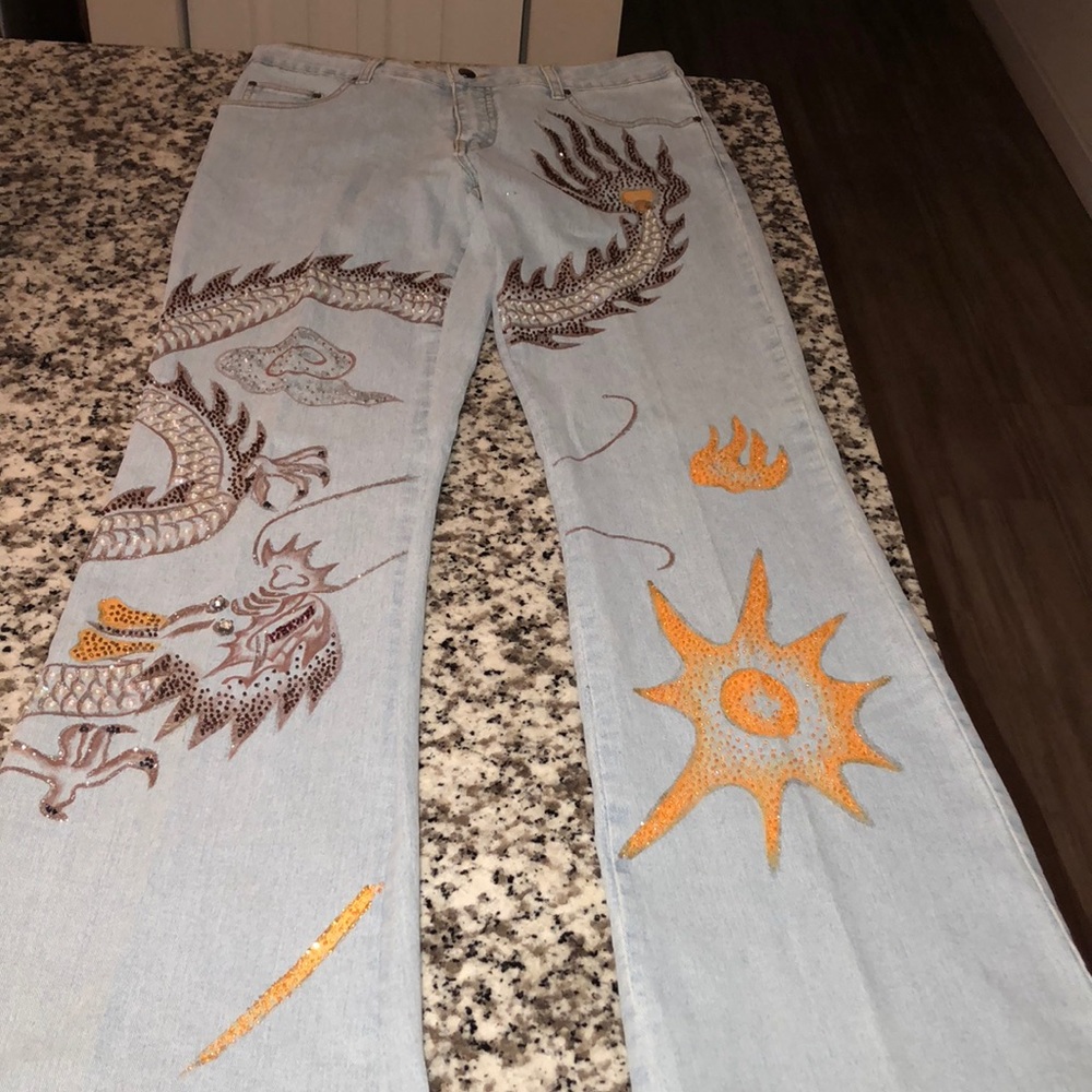 Cache betted/sequin Dragoned design Jeans